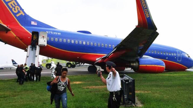 Roulette de nez affaissée au poser d'un avion de Southwest