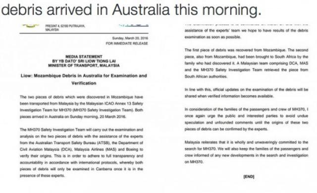MH370: L'Australie reçoit les deux fragments trouvés