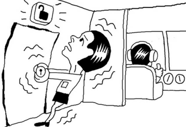 Un avion de Eastar vole avec une porte tenue par une hôtesse