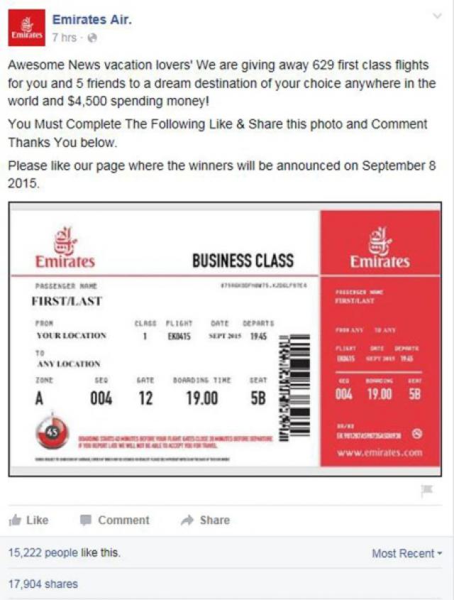 Emirates Airlines alerte d'un hoax au billet gratuit
