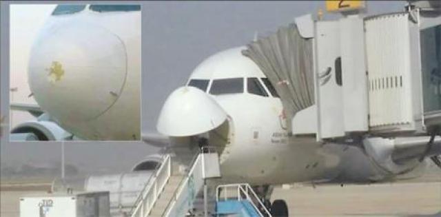 Choc aviaire sur le cone de nez d'un avion de Golden Myanmar